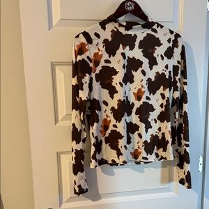 Brown Cow Print Long Sleeve Mock Neck Top XL